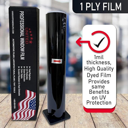 United Window Tint Universal Black 20% VLT 20" in x 100'Ft Standard Dyed 1Ply Film Black Color - Privacy Window Tint for Car, Home, Blocks UV/IR Rays, Reduce Heat & Glare - Adhesive Window Film