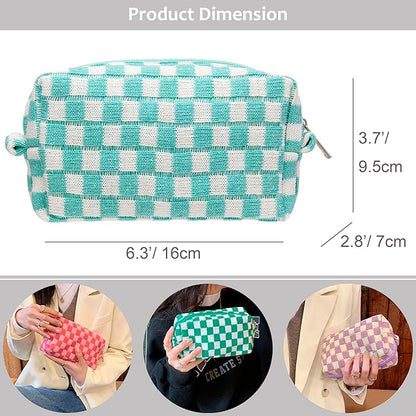 PAZIMIIK Checkered Makeup Bag for Purse Portable Zipper Make Up Pouch Small Cosmetic Case for Travel Accessories (2PCS Arctic Blue)