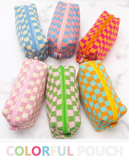 PAZIMIIK 6PCS Checkered Makeup Bag for Purse Portable Zipper Make Up Pouch Small Cosmetic Case for Travel Red Orange