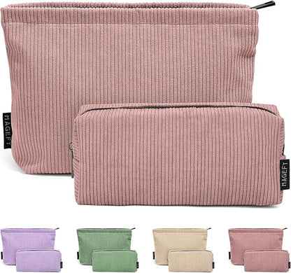 MAGEFY 2 Pcs Makeup Bags for Women, Corduroy Make up Bag for Purse Travel Makeup Bag Small Cosmetic Bags with Zipper Makeup Pouch for Travelling - Dusty Pink