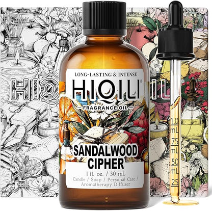 HIQILI Sandalwood Cipher Fragrance Oil for Diffuser, Candle & Soap, Perfume & Body Oil Making- Have Gourmand Notes, Long-Lasting - 1 Fl Oz