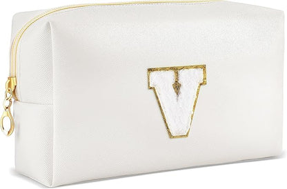 Gifts for Girls Initial Makeup Bag Personalized Cosmetic Bag with Zipper Cute Travel Toiletry Bags Waterproof PU Preppy Makeup Pouch Birthday Gift for Teen Girls Women(White V)