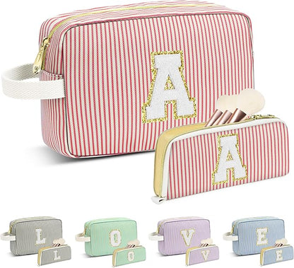 Travel Makeup Bag Christmas Gifts for Women Girl Teens, Personalized Initial Makeup Bag for Cute Teen Girls, Preppy Stuff Toiletry Bag Cosmetic Bag, Teen Girls Gift Trendy Stuff, Letter A