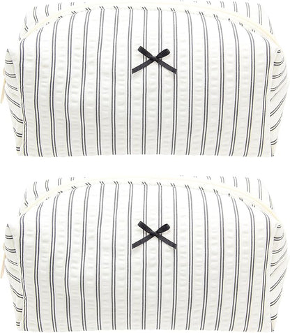 PAZIMIIK 2PCS Cozy Makeup Bag Small Aesthetic Travel Zipper Cosmetic Pouch for Women Make Up Beauty Accessories Brushes, Stripe Black