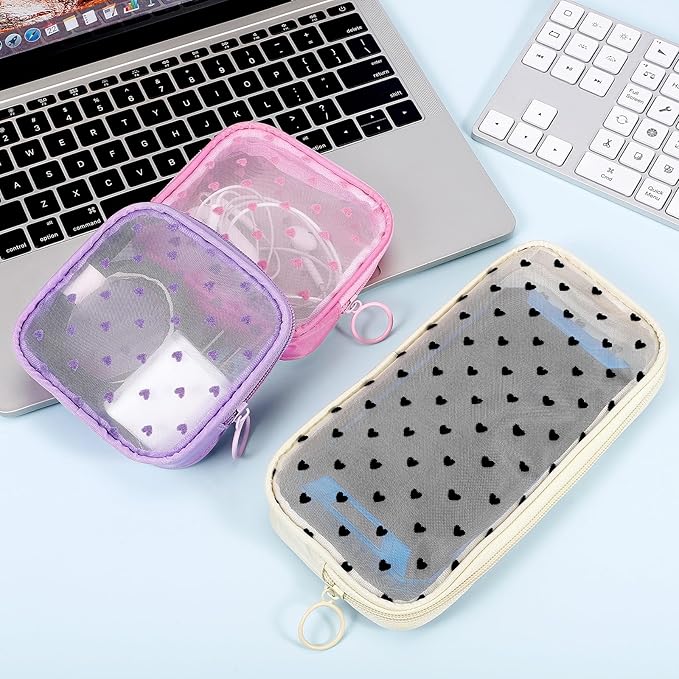 4 Pieces Mini Zipper Nylon Mesh Pouch, Mesh Cosmetic Bags Makeup Bags, Multipurpose Travel Toiletry Bags for Office Supplies and Travel Accessories (Heart Print-Black, S)