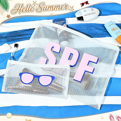 SOIDRAM 2PCS SPF Makeup Bag Clear Zippered SPF Bag Cosmetic Pouch Waterproof Travel Toiletry Organizer for Women Varsity Letter Patch Beach Pool Essentials