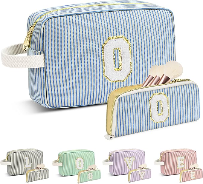 Travel Makeup Bag Christmas Gifts for Women Girl Teens, Personalized Initial Makeup Bag for Cute Teen Girls, Preppy Stuff Toiletry Bag Cosmetic Bag, Teen Girls Gift Trendy Stuff, Letter O