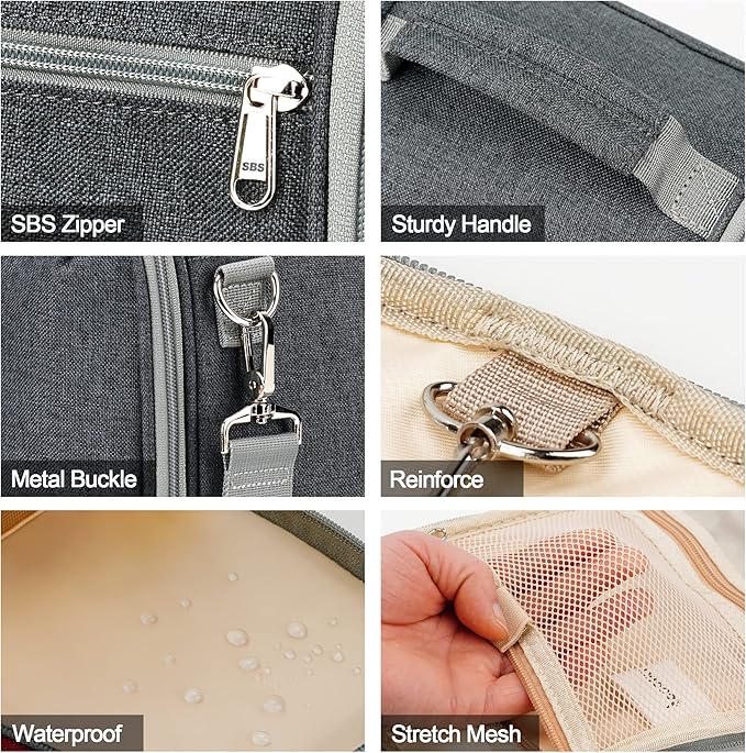 Hanging Travel Toiletry Bag for Women and Men, 6 Organizer Compartments, Extra Large Toiletries Bag, Bathroom Cosmetic Bag, Water-resistant Makeup Bag, Holds Full-Size Shampoo, Grey