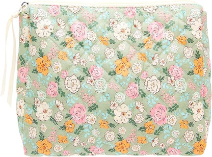 PAZIMIIK Quilted Makeup Bag Large Travel Zipper Soft Cosmetic Pouch for Women Girls Make Up,Green Flower
