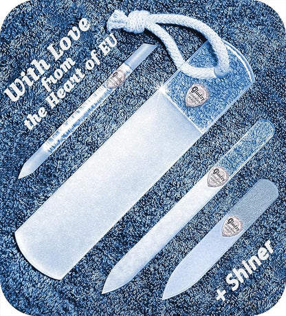 GLADZY Czech Glass Nail File Set - Multifunctional Nail Shiner Buffer, Callus Remover Foot Rasp, Glass Cuticle Pusher Manicure Stick, Etched Surface, Professional Nail Care Tool, Made in EU