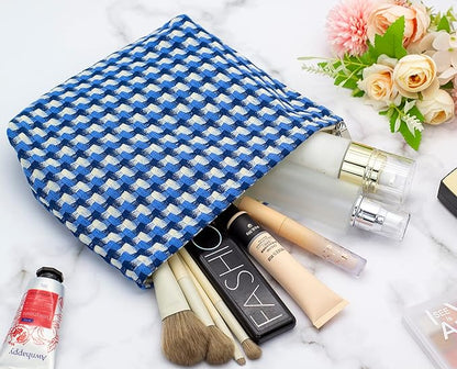 Makeup Bags for Purse Zipper Cosmetic Pouch Large Travel Canvas Make Up Organizer Tool Pouch for Women and Girls,Grid Blue