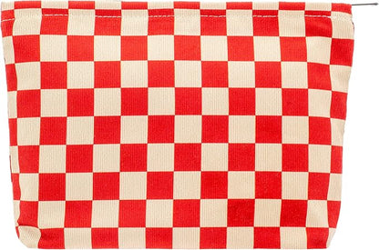 PAZIMIIK Makeup Bag Large Zipper Corduroy Make Up Pouch for Purse Travel Canvas Cosmetic Organizer for Women Brush Storage,Checkered Red