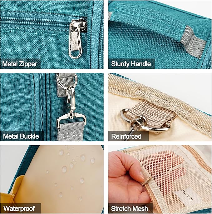 Travel Hanging Toiletry Bag for Women and Men, 6 Organizer Compartments, Holds Full Size Bottles, Extra Large Cosmetic Accessories, Makeup essentials, Bathroom Water-resistant Toiletries Bag, Blue