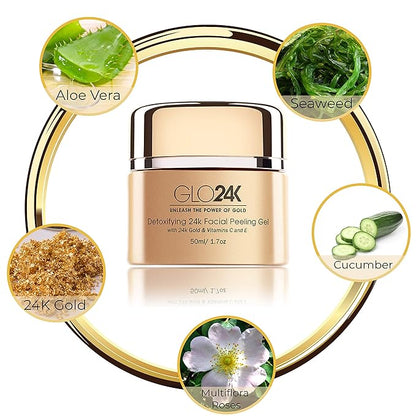 GLO24K Facial Peeling Gel with 24k Gold and Vitamins C,E. For optimal Exfoliation and Microdermabrasion. Restore and Revive your Skin.