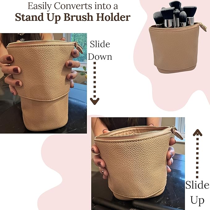 JAZD Convertible Travel Makeup Brush Bag, Stand-Up Brush Holder Pouch For Easy Access, Cosmetic Case Organizer (BEIGE)