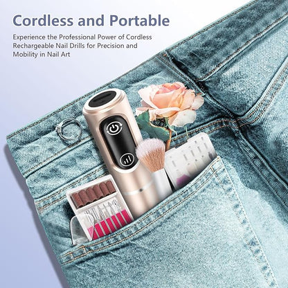 Cordless Nail Drill Electric Rechargeable File Kit, Professional Efile Acrylic Gel Nail Polish Remover Pedicure Manicure Machine Portable Set with 11 Bits 56 Sanding Bands for Salon Home (Gold)