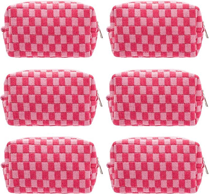 PAZIMIIK Checkered Makeup Bag for Purse Portable Zipper Make Up Pouch Small Cosmetic Case for Travel Accessories (6PCS Hotpink)