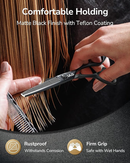 ULG Seamless Thinning Scissors – Professional Stainless Steel, Teflon Coated, Ergonomic Offset Handles, Precision Serrated Blades for Natural Hair Thinning and Layering, Ideal for Stylists and Barbers