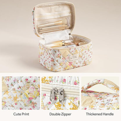 HBselect Quilted Makeup Bag, 3PCS Cotton Large Travel Makeup Bag, Cute Floral Coquette Make up Bag Cosmetic Bag Toiletry Bag for Women Girls