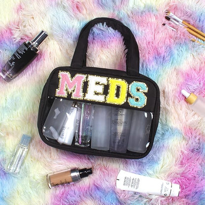 Chenille Letter Clear Medicine Makeup Bag for Travel, Preppy Patch Nylon Cosmetic Meds Pouch with Handles and Zipper, Waterproof Large Travel Toiletry Bag Storage Case for Women Black