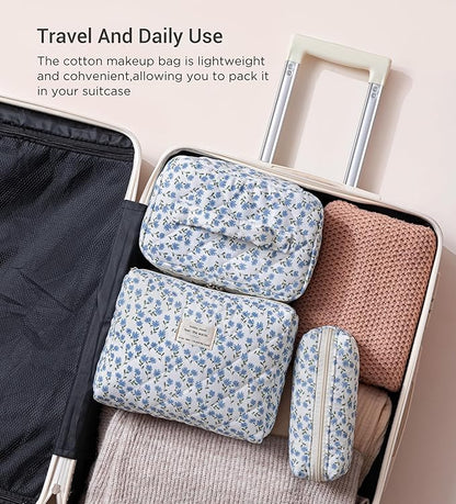 HBselect Quilted Makeup Bag, 3PCS Cotton Large Travel Makeup Bag, Cute Floral Coquette Make up Bag Cosmetic Bag Toiletry Bag for Women Girls