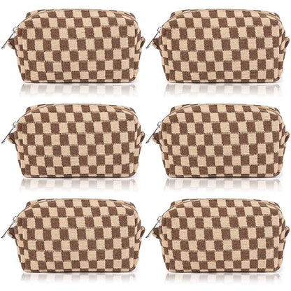 SOIDRAM Checkered Makeup Bag Preppy Cosmetic Bag Bulk Brown Makeup Pouch Personalize Travel Toiletry Bag Organizer Cute DIY Makeup Brushes Storage Bag for Women