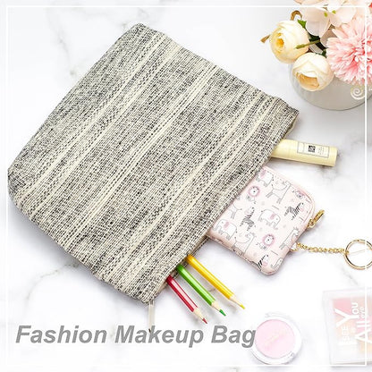 Makeup Bags for Purse Zipper Cosmetic Pouch Large Travel Canvas Make Up Organizer Tool Pouch for Women and Girls,Ripple Grey