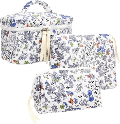 PAZIMIIK 3PCS Makeup Bag SET Large Travel Quilted Zipper Soft Cosmetic Case Pouch for Women Girls Make Up,Leaf White
