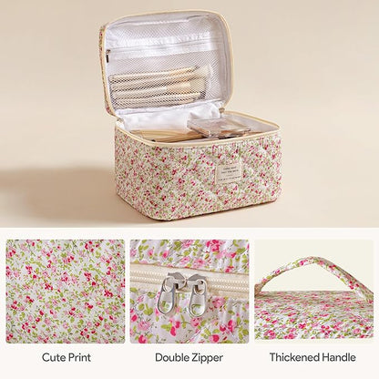 HBselect Quilted Makeup Bag, 3PCS Cotton Large Travel Makeup Bag, Cute Floral Coquette Make up Bag Cosmetic Bag Toiletry Bag for Women Girls