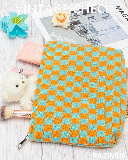 PAZIMIIK Knitted Checkered Makeup Bag Large Zipper Make Up Accessory Pouch for Purse Cosmetic Brush Bag for Travel Essential Orange Green