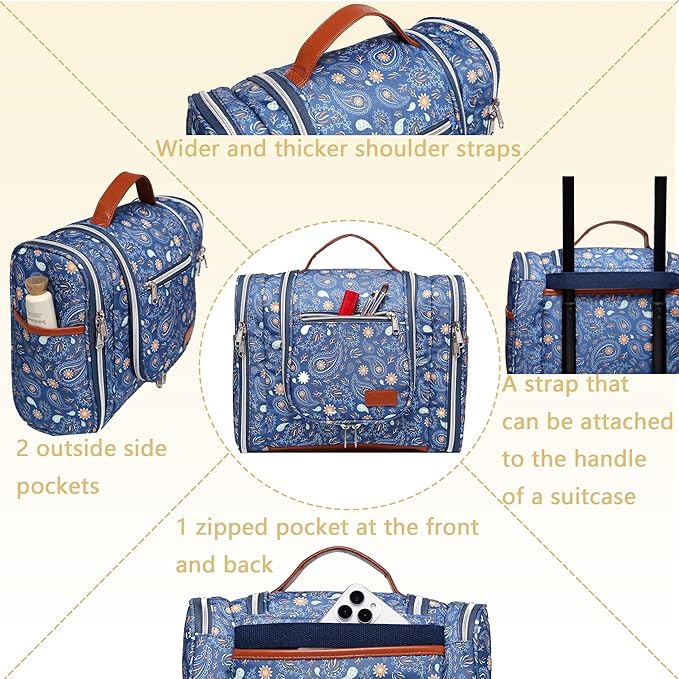 Hanging Toiletry Bag for Women, Travel Makeup with Metal Swivel Hook, Organizer for Full Sized Cosmetics and Toiletries,Water-Resistant Nylon,Paisley Floral