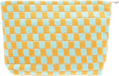 PAZIMIIK Knitted Checkered Makeup Bag Large Zipper Make Up Accessory Pouch for Purse Cosmetic Brush Bag for Travel Essential Orange Green