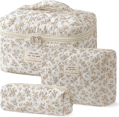 HBselect Quilted Makeup Bag, 3PCS Cotton Large Travel Makeup Bag, Cute Floral Coquette Make up Bag Cosmetic Bag Toiletry Bag for Women Girls