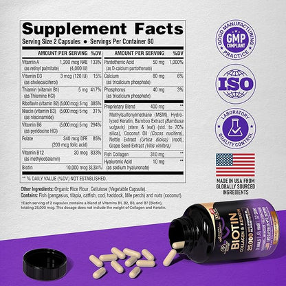 Biotin | Collagen | Hyaluronic Acid | Keratin - Clinically Tested Supplement - Hair Growth Support, Skin & Nails - 25000 mcg Vitamins B2, B3, B6 & B7 + B1 - Made in USA - Women & Men | 120 Capsules