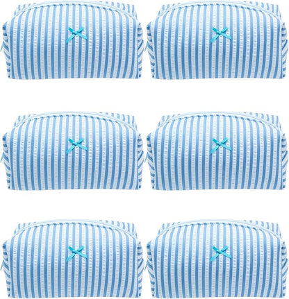 PAZIMIIK 6PCS Cozy Makeup Bag Small Aesthetic Travel Zipper Cosmetic Pouch for Women Make Up Beauty Accessories Brushes, Stripe Lake Blue