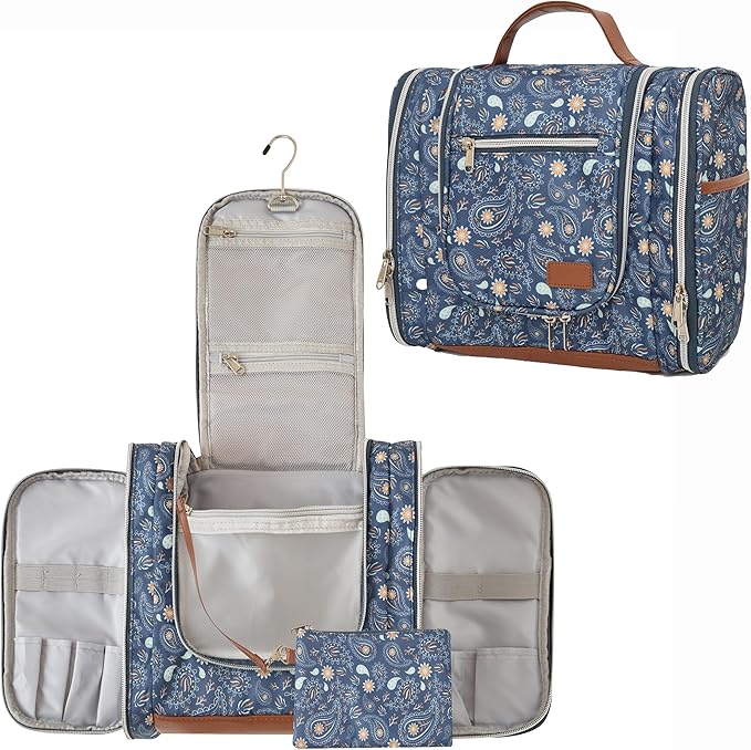 Hanging Toiletry Bag for Women, Travel Makeup with Metal Swivel Hook, Organizer for Full Sized Cosmetics and Toiletries,Water-Resistant Nylon,Paisley Floral