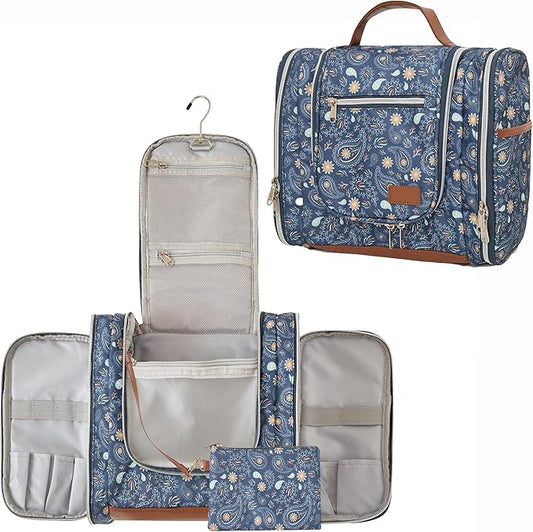 Hanging Toiletry Bag for Women, Travel Makeup with Metal Swivel Hook, Organizer for Full Sized Cosmetics and Toiletries,Water-Resistant Nylon,Paisley Floral