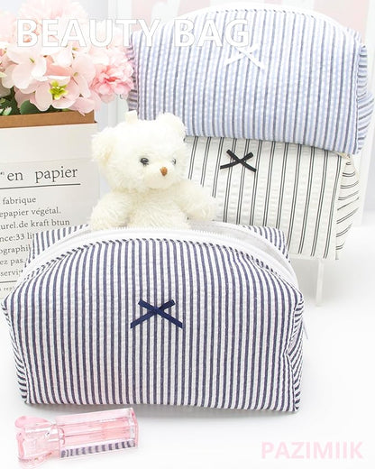 PAZIMIIK 6PCS Cozy Makeup Bag Small Aesthetic Travel Zipper Cosmetic Pouch for Women Make Up Beauty Accessories Brushes, Stripe Navy Blue