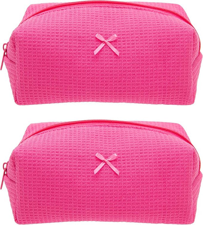 PAZIMIIK 2PCS Cozy Makeup Bag Travel Cosmetic Bag for Women Soft Toiletry Bag Aesthetic Makeup Organizer Portable Large Zipper Pouch for Skincare Beauty Accessories Brushes Waffle Hotpink