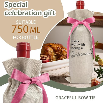 Cute Pink Bow Ribbon Engagement Gift Wine Bag - 1 PCS Bride to Be Gifts for Bridesmaids Bride and Groom Couples Her Him Will You Be My Bridesmaid for Getting Married Engagement Bridal Shower - A53