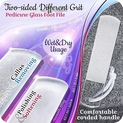 GLADZY Czech Glass Nail File Set - Multifunctional Nail Shiner Buffer, Callus Remover Foot Rasp, Glass Cuticle Pusher Manicure Stick, Etched Surface, Professional Nail Care Tool, Made in EU