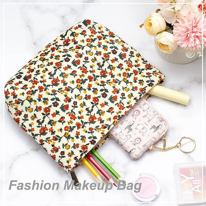 PAZIMIIK Makeup Bag Large Zipper Corduroy Make Up Pouch for Purse Travel Canvas Cosmetic Organizer for Women Brush Storage,Floral White