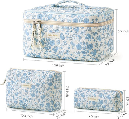 HBselect Quilted Makeup Bag, 3PCS Cotton Large Travel Makeup Bag, Cute Floral Coquette Make up Bag Cosmetic Bag Toiletry Bag for Women Girls