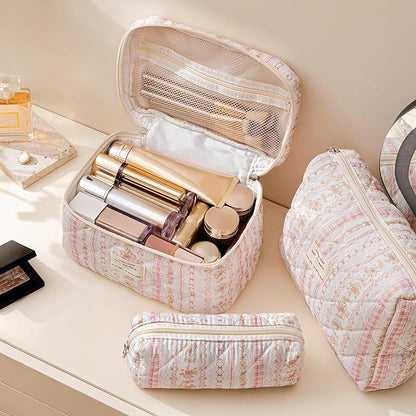 HBselect Quilted Makeup Bag, 3PCS Cotton Large Travel Makeup Bag, Cute Floral Coquette Make up Bag Cosmetic Bag Toiletry Bag for Women Girls
