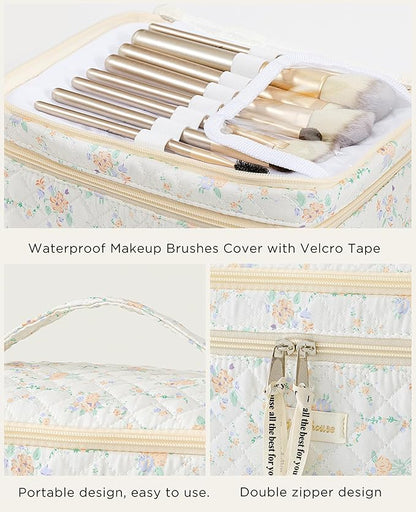 HBselect 2Pcs Travel Makeup Bag, Large Cotton Quilted Makeup Bag Cosmetic Bag Cute Make up Bag Toiletry Bags for Women Girls