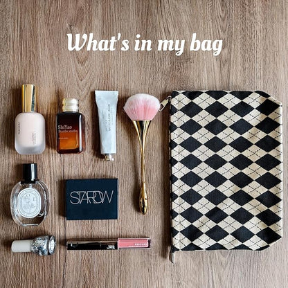 STARDW Parallel Checkered Makeup Bag Cute Cosmetic Bags for Women Girls, Travel Toiletry Bag Large Capacity Zipper Makeup Pouch, Purse Organizer Pouches