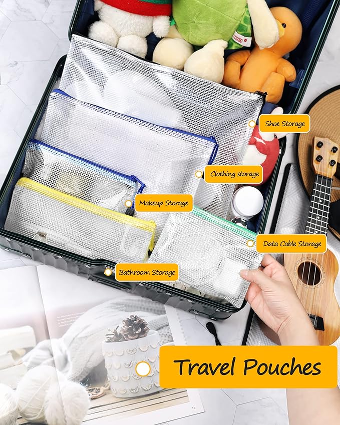 SUNEE Plastic Mesh Zipper Pouch 9.2x12.5 in (6 Colors, 18 Packs),Extra Large Water-Resistant Zip Bag for School Office Supplies, Puzzles & Games Organizing Storage
