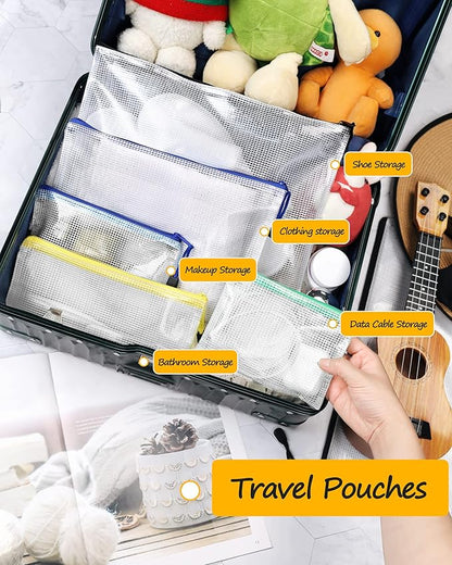 SUNEE Plastic Mesh Zipper Pouch 7.8x10.8 in (9 Colors, 18 Packs),Extra Large Water-Resistant Zip Bag for School Office Supplies, Puzzles & Games Organizing Storage