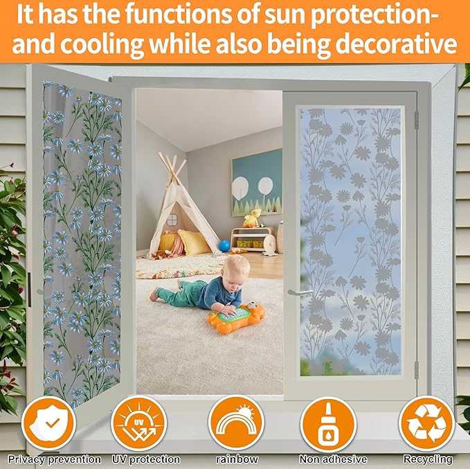 One Way Privacy Film, Window Tint for Home,Daytime Reflective, Anti UV Static Cling Sliding Door Coverings No Glue Garage Solar Paper (Black - Silver-Daisy, 23.6 x 157.4 in)