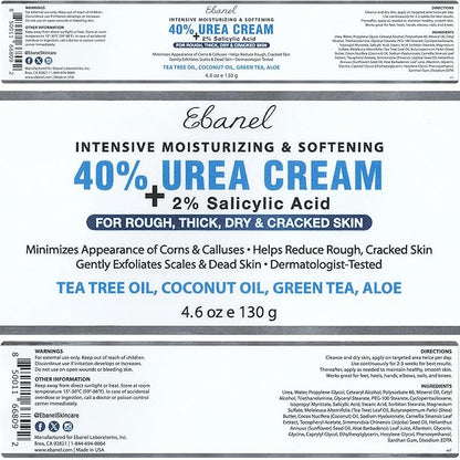 Ebanel Urea Cream 40% plus Salicylic Acid 2%, Foot Cream for Dry Cracked Heels Feet Knees Elbows Hands, Foot Dead Skin Cuticle Callus Remover Toenail Softener, Keratolytic Skin Barrier Repair, 6-Pack